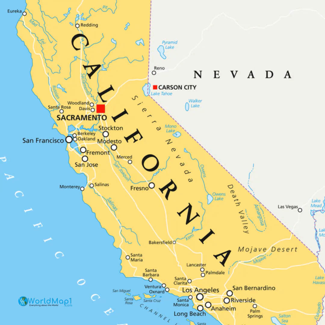 Carte des principales villes de la Californie du Nord